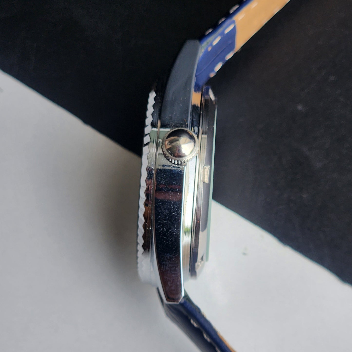 Vintage Mod HMT Kohinoor Devanagari Hand Winding 17 Jewels Blue Face Fluted Bezel Blue Croco Leather Strap Men's Wrist Watch J03
