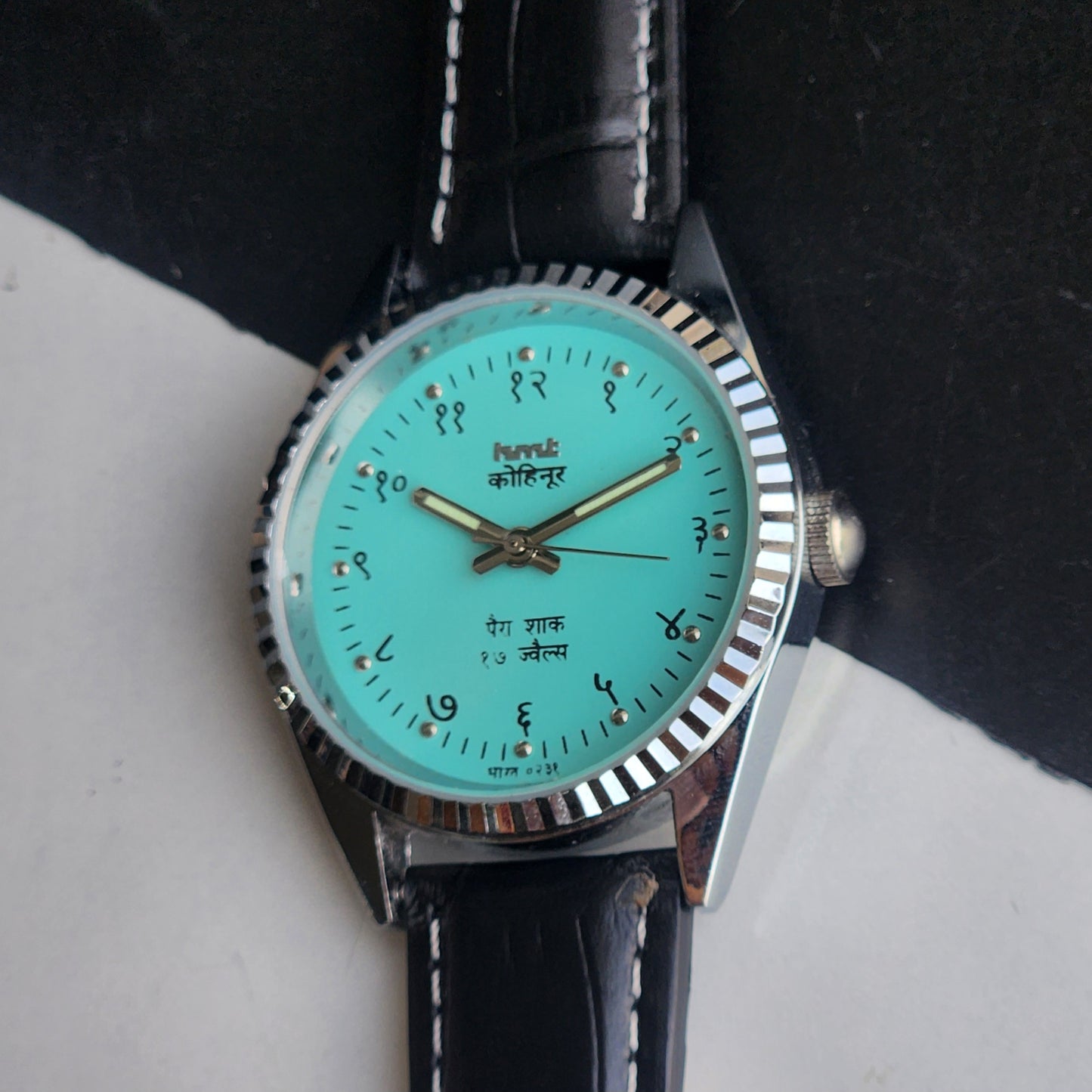 Vintage Mod HMT Kohinoor Devanagari Hand Winding 17 Jewels Sky Blue Face Fluted Bezel Black Croco Leather Strap Men's Wrist Watch J06