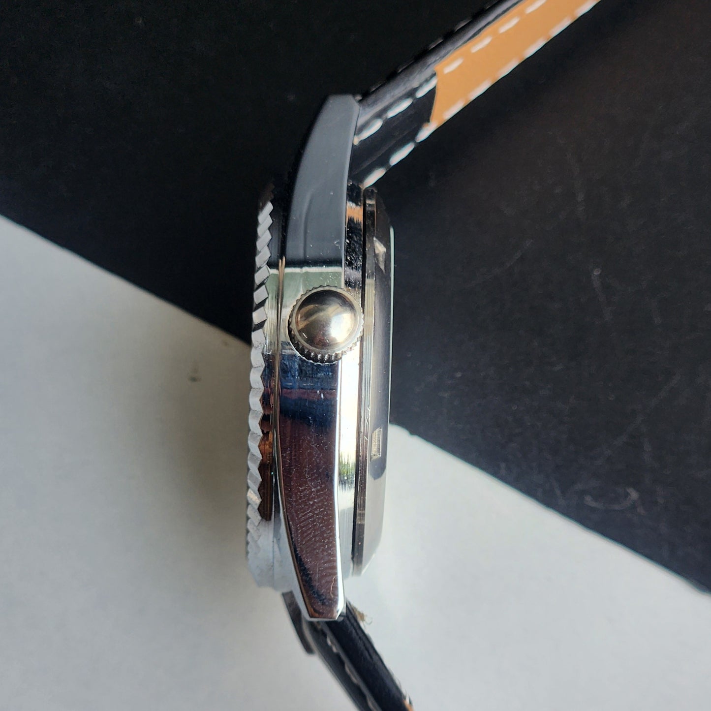 Vintage Mod HMT Kohinoor Devanagari Hand Winding 17 Jewels Sky Blue Face Fluted Bezel Black Croco Leather Strap Men's Wrist Watch J06
