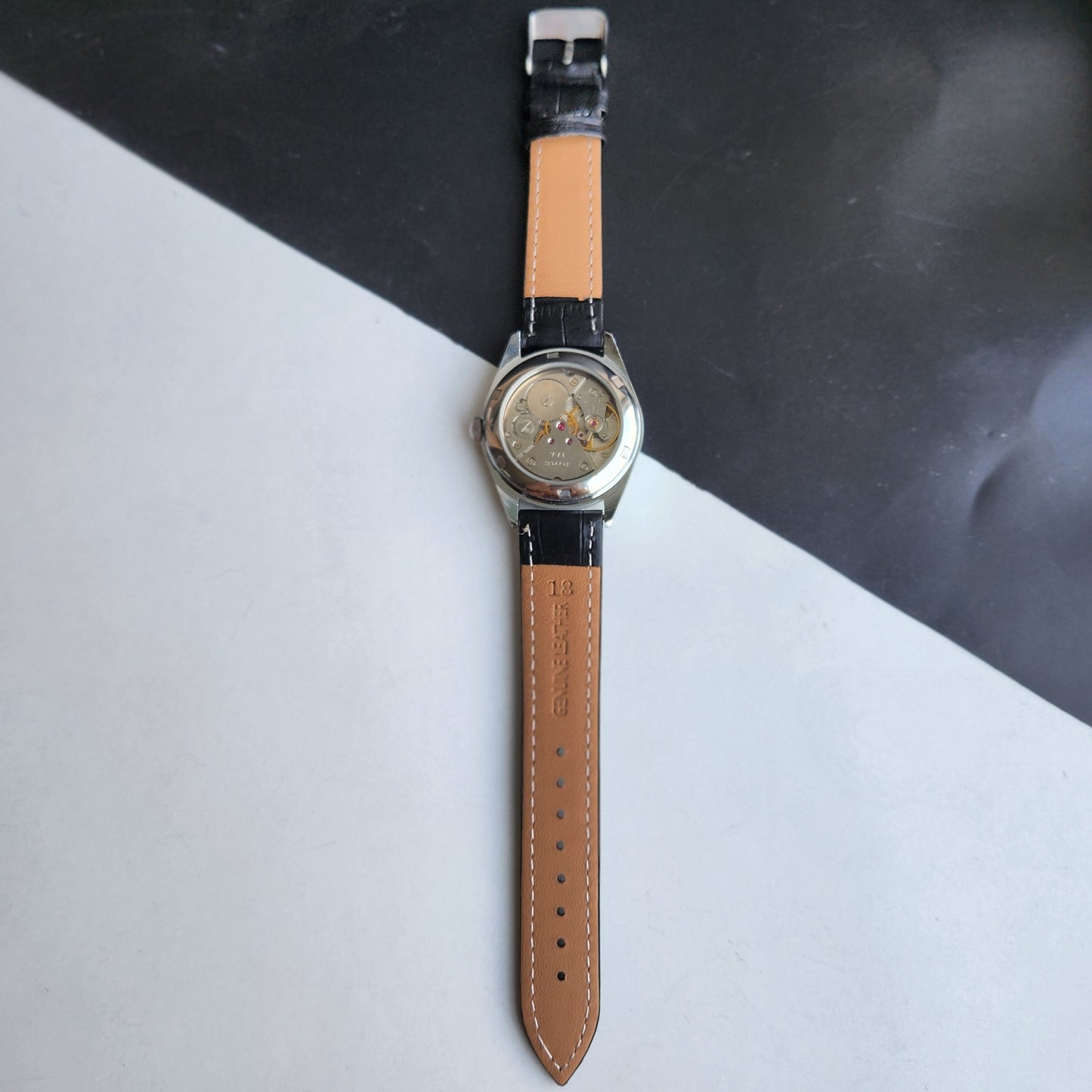 Vintage Mod HMT Kohinoor Devanagari Hand Winding 17 Jewels Sky Blue Face Fluted Bezel Black Croco Leather Strap Men's Wrist Watch J06