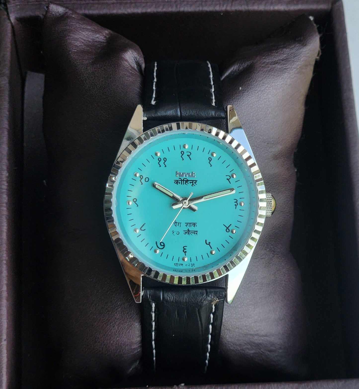 Vintage Mod HMT Kohinoor Devanagari Hand Winding 17 Jewels Sky Blue Face Fluted Bezel Black Croco Leather Strap Men's Wrist Watch J06