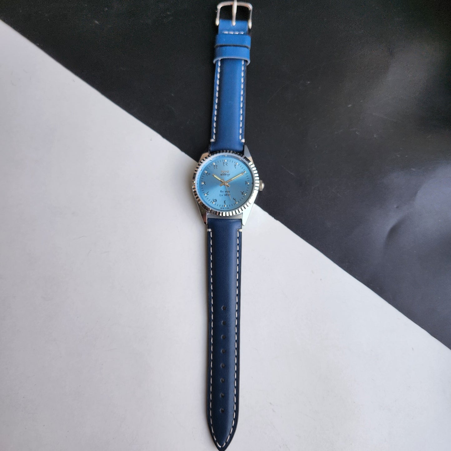 Vintage Mod HMT Kohinoor Devanagari Hand Winding 17 Jewels Sky Blue Face Fluted Bezel Blue Leather Strap Men's Wrist Watch J08