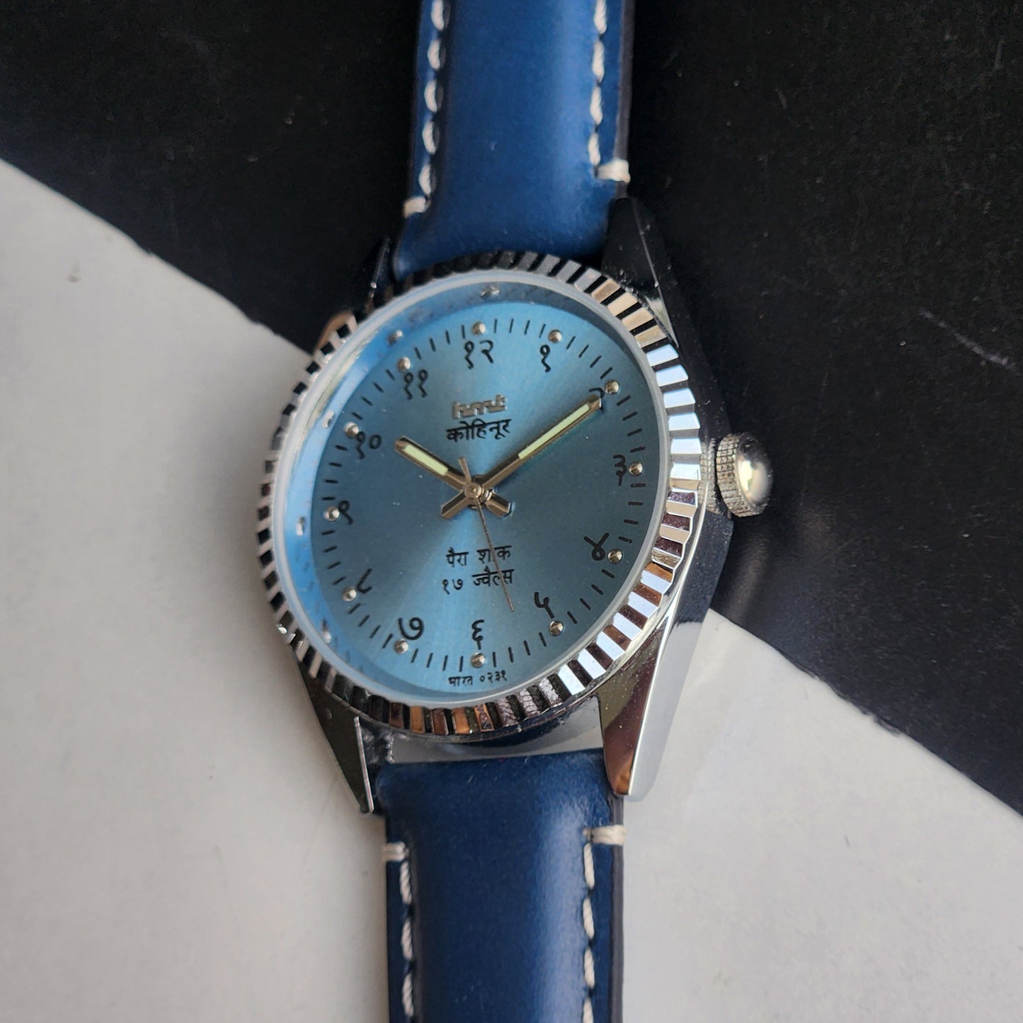 Vintage Mod HMT Kohinoor Devanagari Hand Winding 17 Jewels Sky Blue Face Fluted Bezel Blue Leather Strap Men's Wrist Watch J08