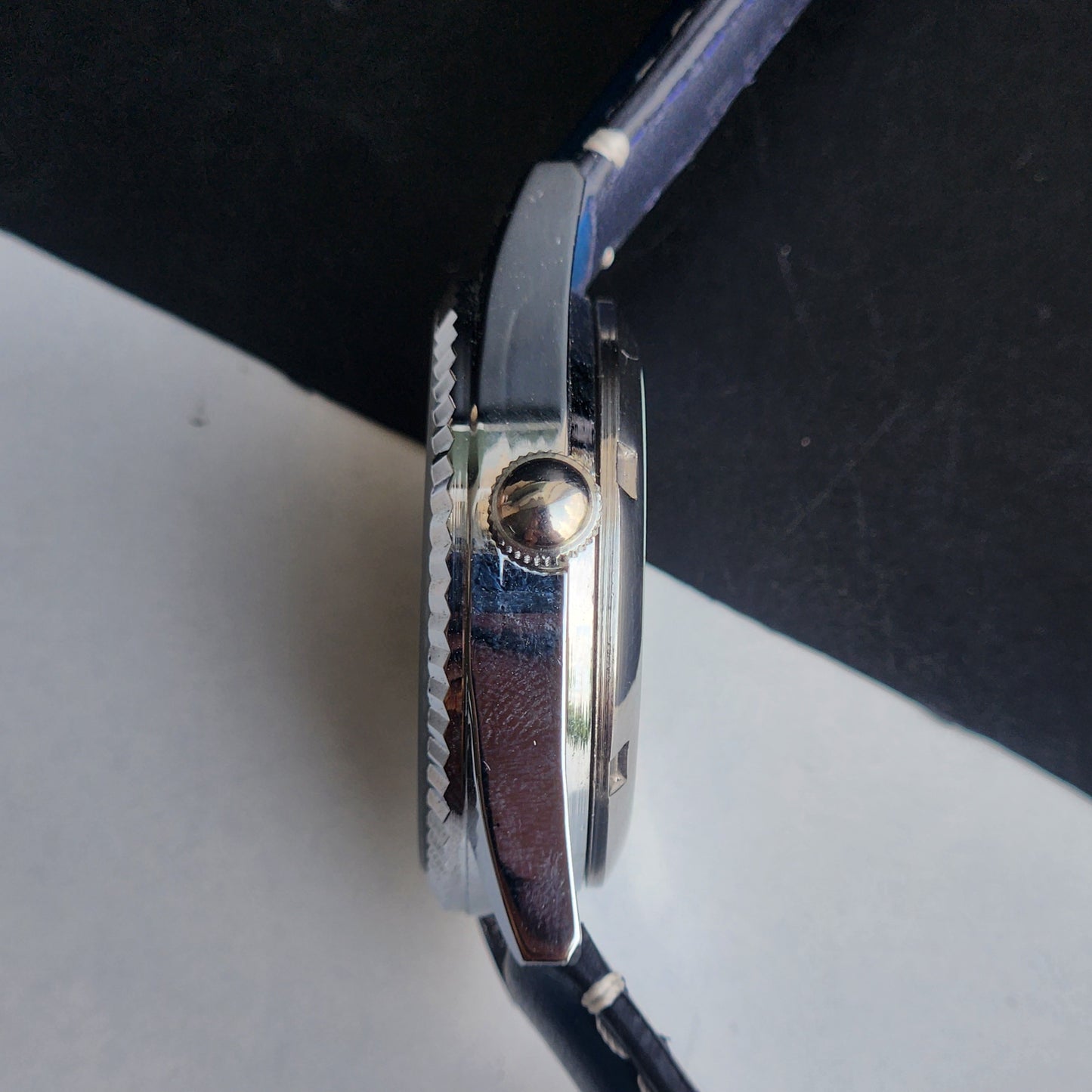 Vintage Mod HMT Kohinoor Devanagari Hand Winding 17 Jewels Sky Blue Face Fluted Bezel Blue Leather Strap Men's Wrist Watch J08
