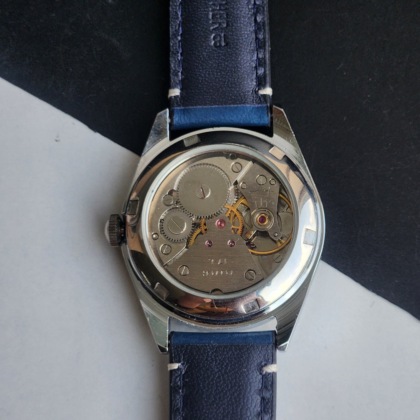 Vintage Mod HMT Kohinoor Devanagari Hand Winding 17 Jewels Sky Blue Face Fluted Bezel Blue Leather Strap Men's Wrist Watch J08