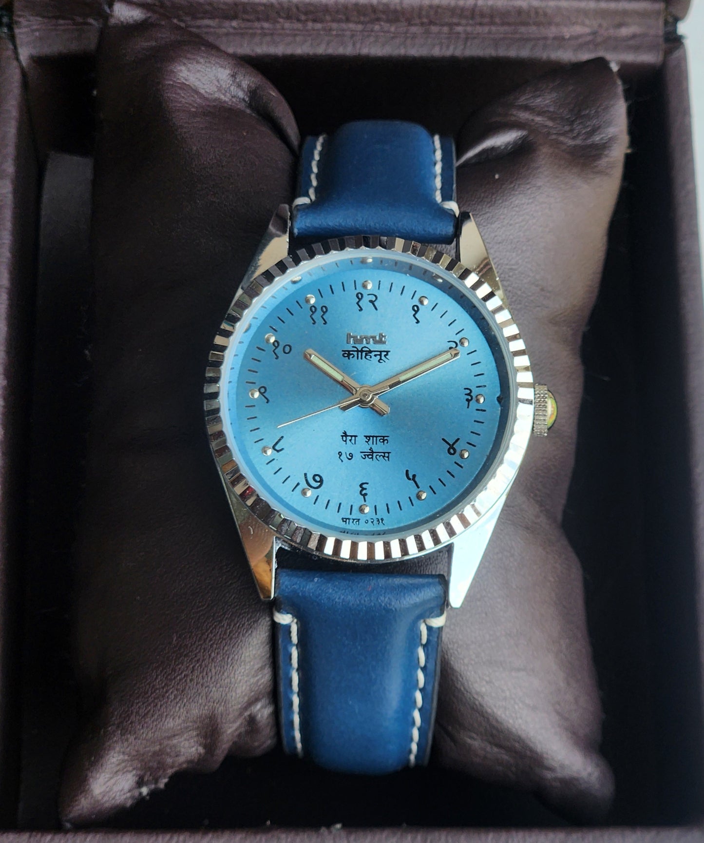 Vintage Mod HMT Kohinoor Devanagari Hand Winding 17 Jewels Sky Blue Face Fluted Bezel Blue Leather Strap Men's Wrist Watch J08
