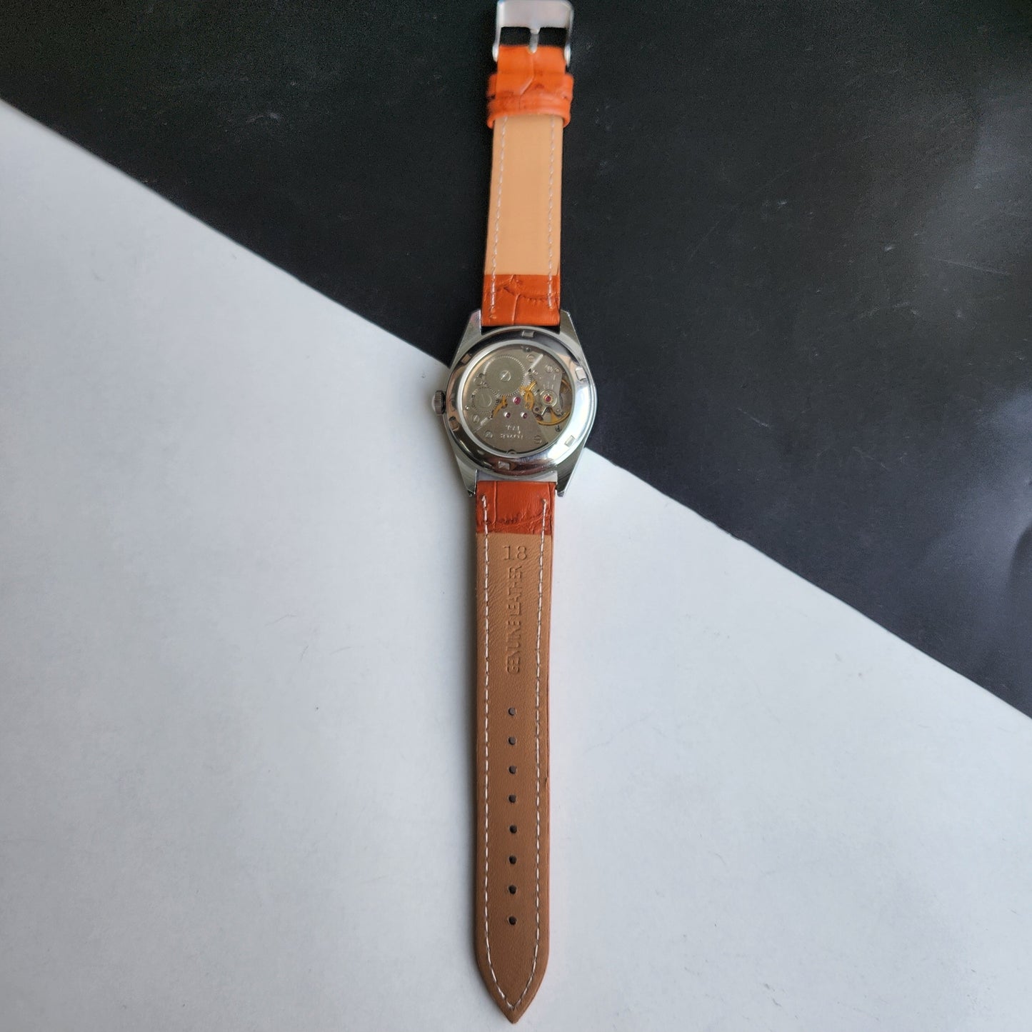 Vintage Mod HMT Kohinoor Devanagari Hand Winding 17 Jewels Orange Face Fluted Bezel Tan Croco Leather Strap Men's Wrist Watch J09