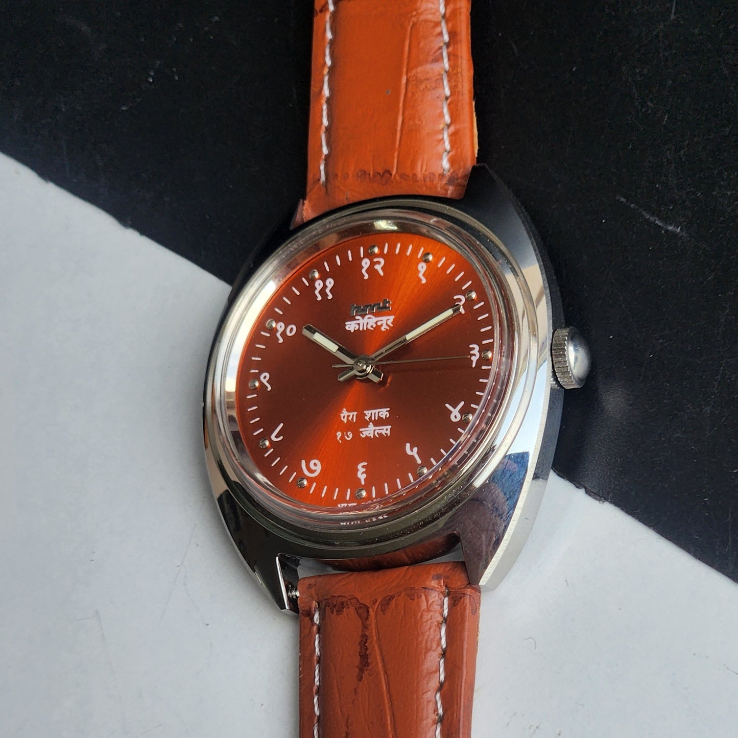 Vintage Mod HMT Kohinoor Devanagari Hand Winding 17 Jewels Orange Face Tan Croco Leather Strap Men's Wrist Watch J11