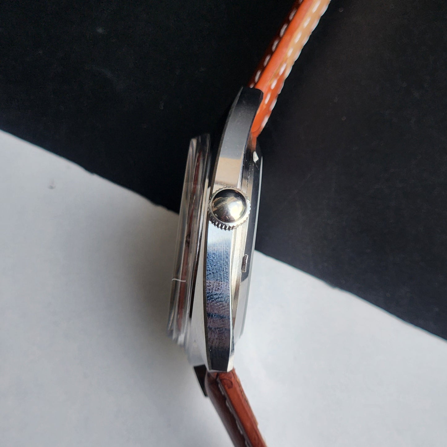 Vintage Mod HMT Kohinoor Devanagari Hand Winding 17 Jewels Orange Face Tan Croco Leather Strap Men's Wrist Watch J11
