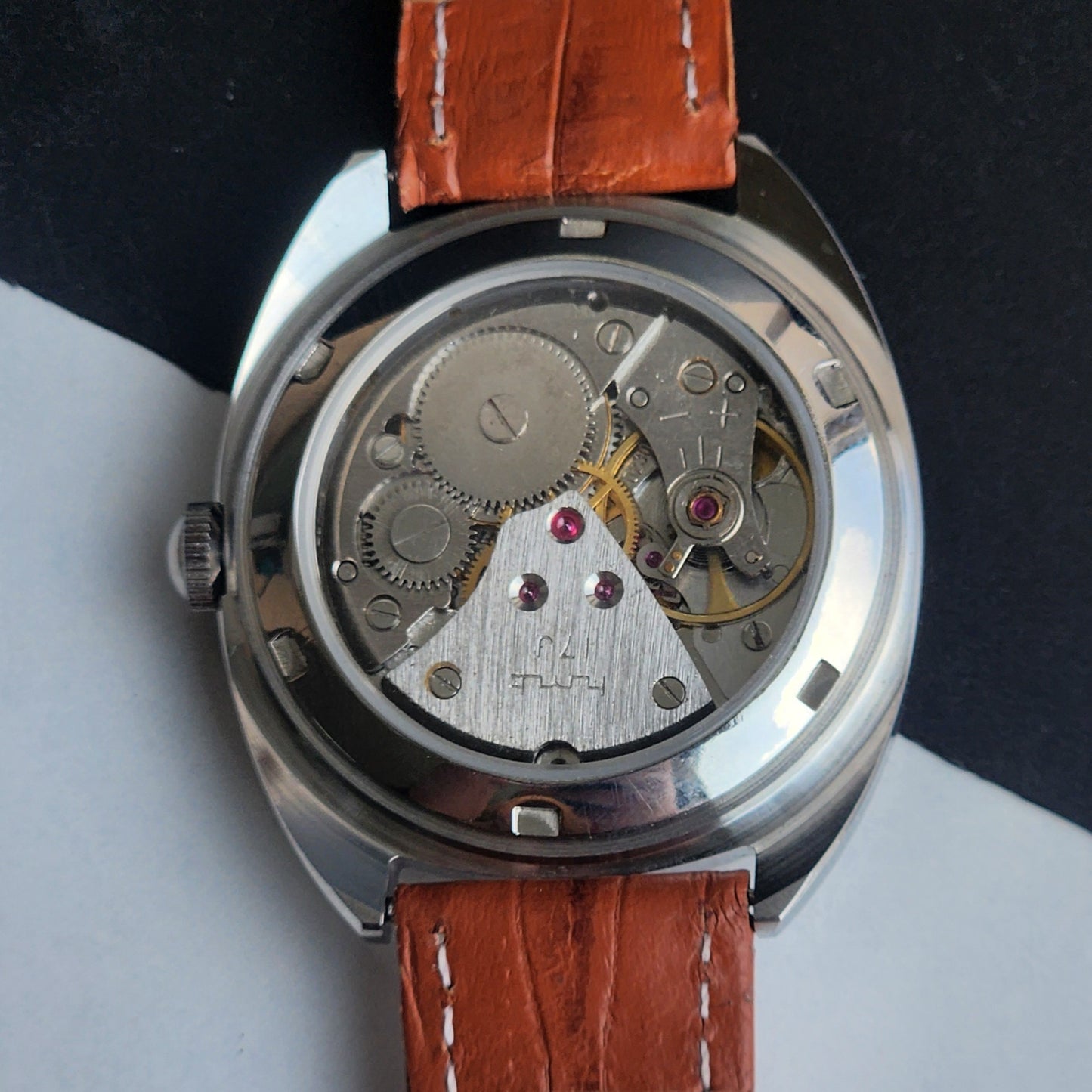 Vintage Mod HMT Kohinoor Devanagari Hand Winding 17 Jewels Orange Face Tan Croco Leather Strap Men's Wrist Watch J11