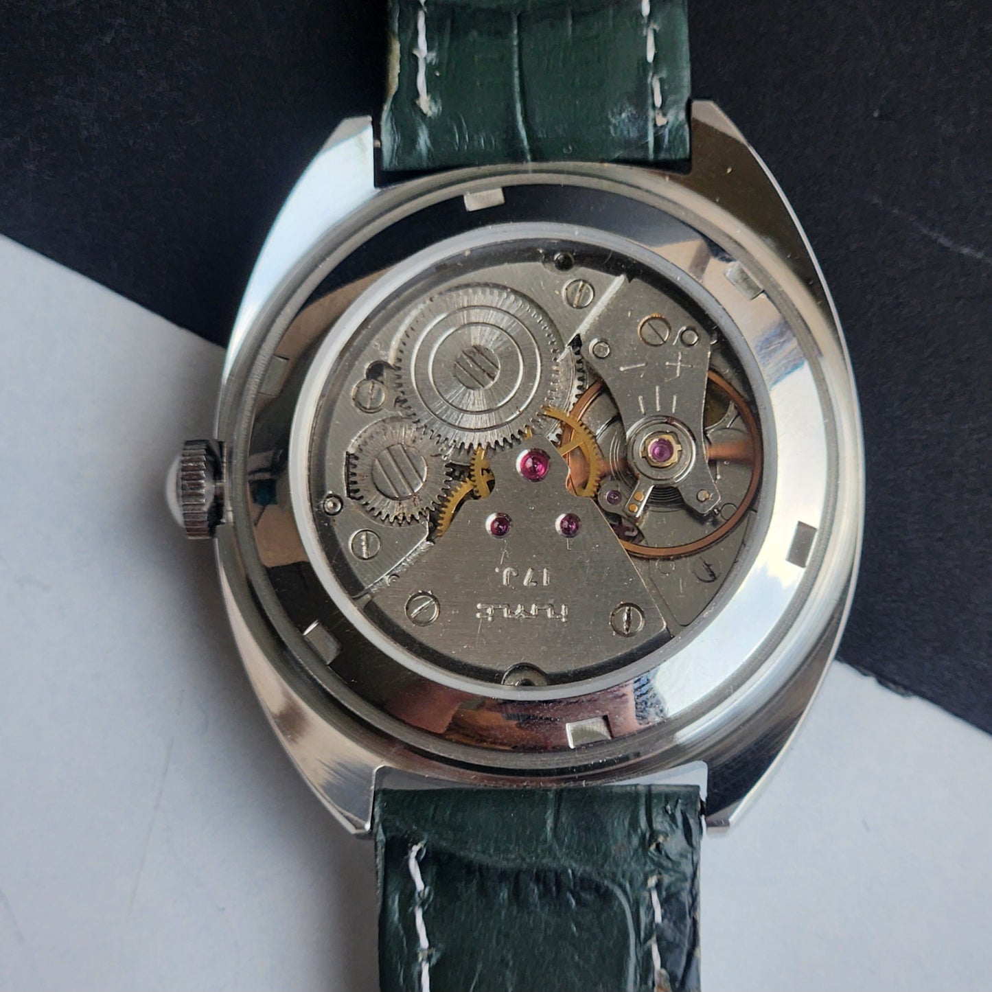 Vintage Mod HMT Kohinoor Devanagari Hand Winding 17 Jewels Green Face Green Croco Leather Strap Men's Wrist Watch J13