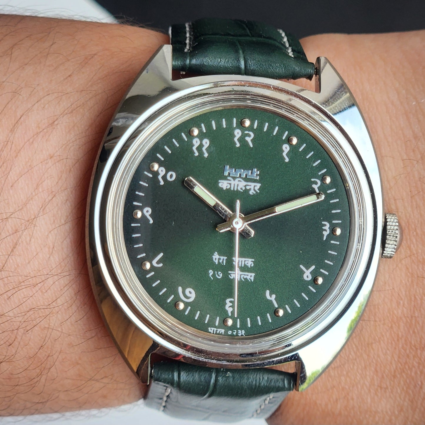 Vintage Mod HMT Kohinoor Devanagari Hand Winding 17 Jewels Green Face Green Croco Leather Strap Men's Wrist Watch J13