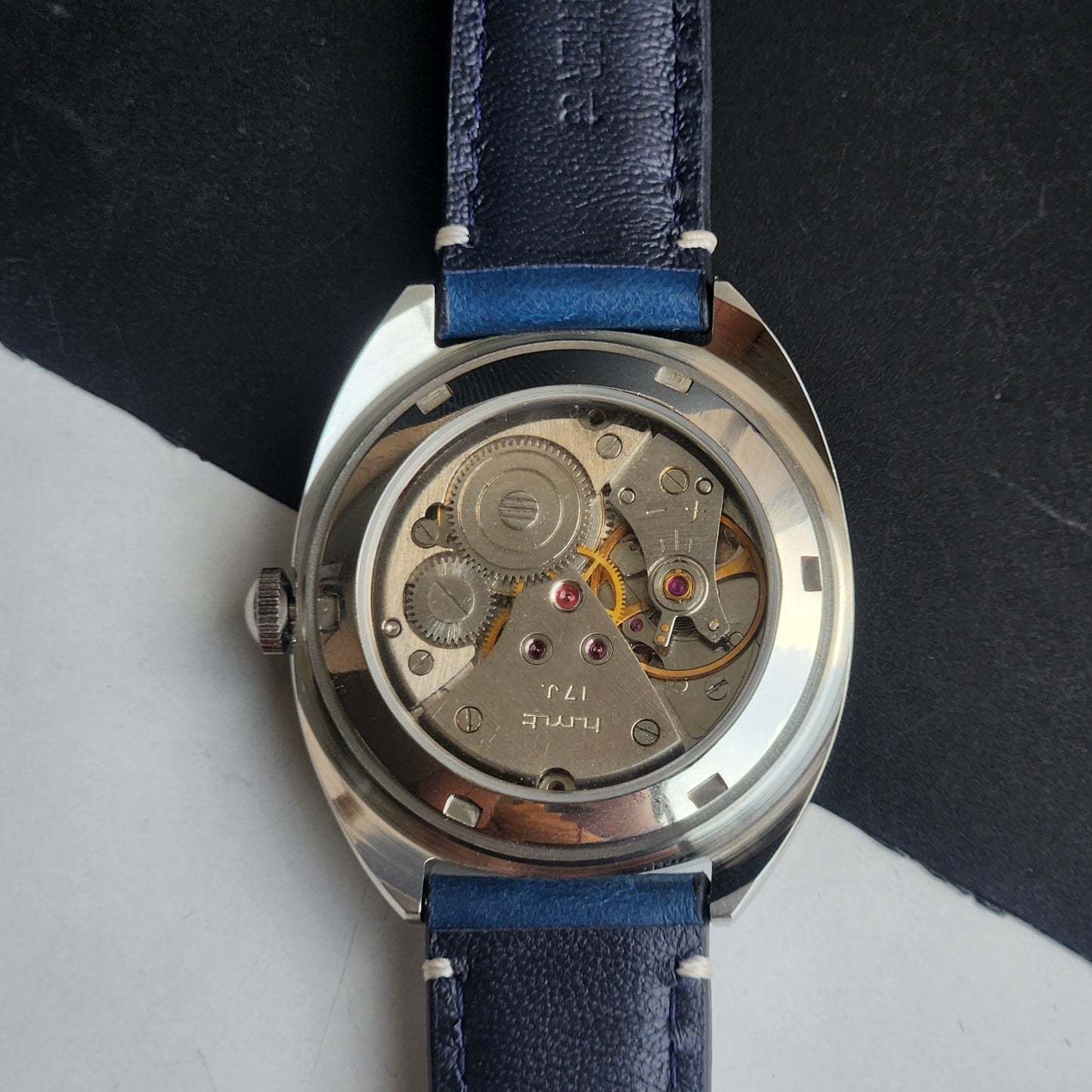 Vintage Mod HMT Kohinoor Devanagari Hand Winding 17 Jewels Sky Blue Face Blue Croco Leather Strap Men's Wrist Watch J14