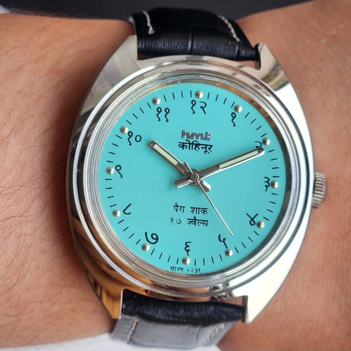 Vintage Mod HMT Kohinoor Devanagari Hand Winding 17 Jewels Sky Blue Face Blue Croco Leather Strap Men's Wrist Watch J15