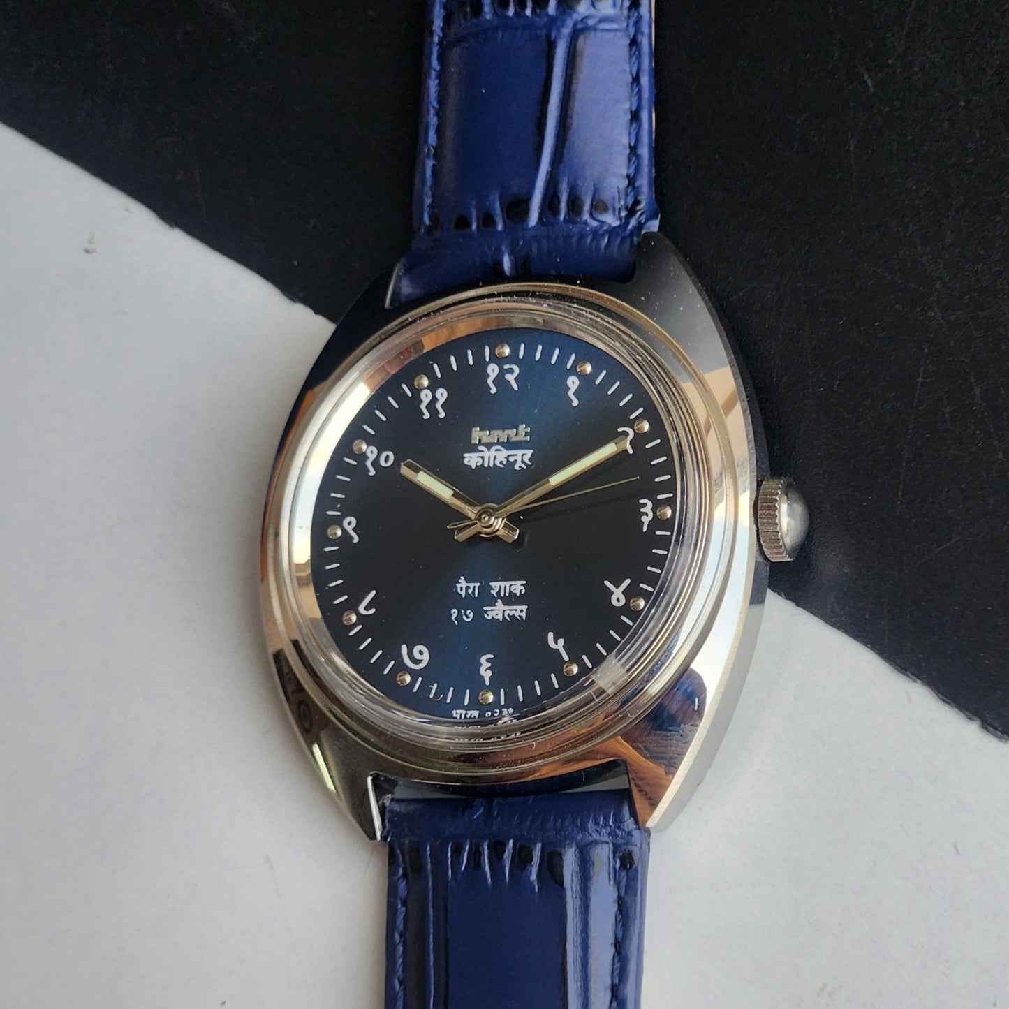 Vintage Mod HMT Kohinoor Devanagari Hand Winding 17 Jewels Blue Face Blue Croco Leather Strap Men's Wrist Watch J16