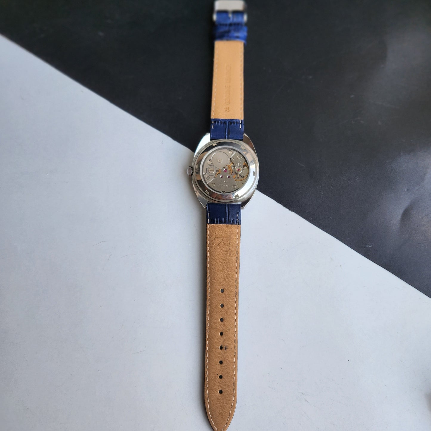 Vintage Mod HMT Kohinoor Devanagari Hand Winding 17 Jewels Blue Face Blue Croco Leather Strap Men's Wrist Watch J16