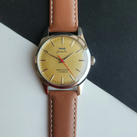Vintage MOD HMT Janata Hand Winding 17 Jewels Yellow Face Brown Leather Strap Men's Wrist Watch J19