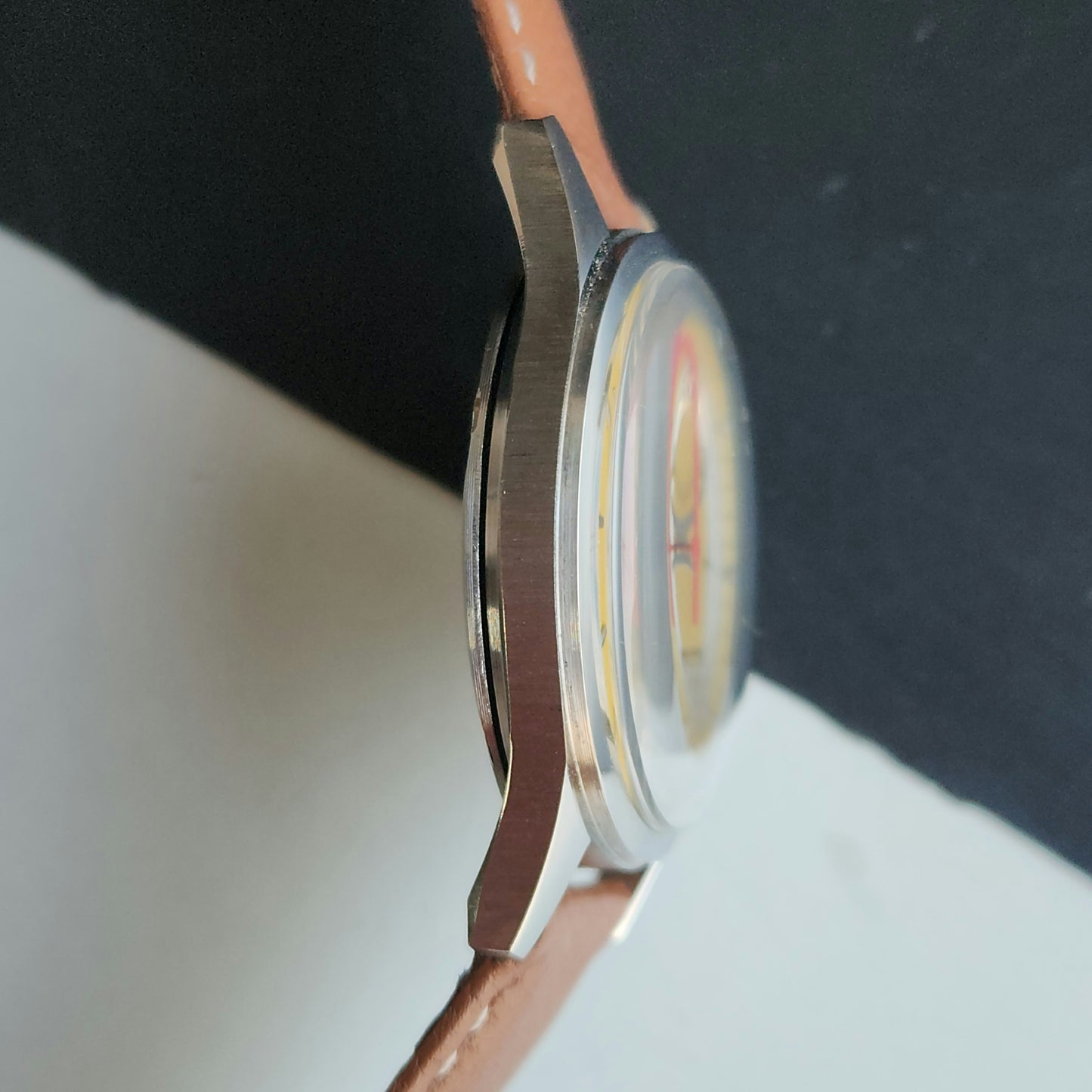 Vintage MOD HMT Janata Hand Winding 17 Jewels Yellow Face Brown Leather Strap Men's Wrist Watch J19