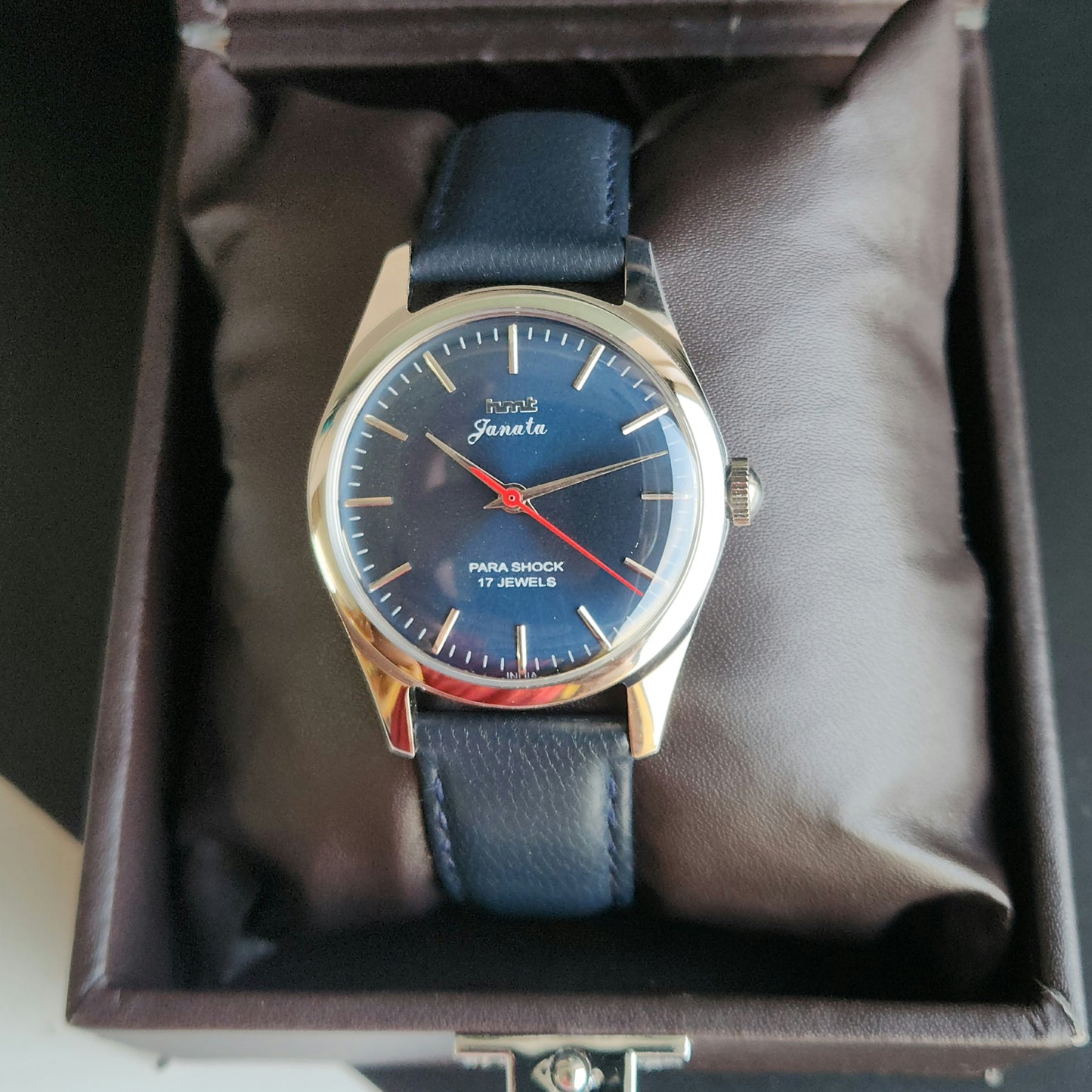 Vintage MOD HMT Janata Hand Winding 17 Jewels Blue Face Blue Leather Strap Men's Wrist Watch J0020