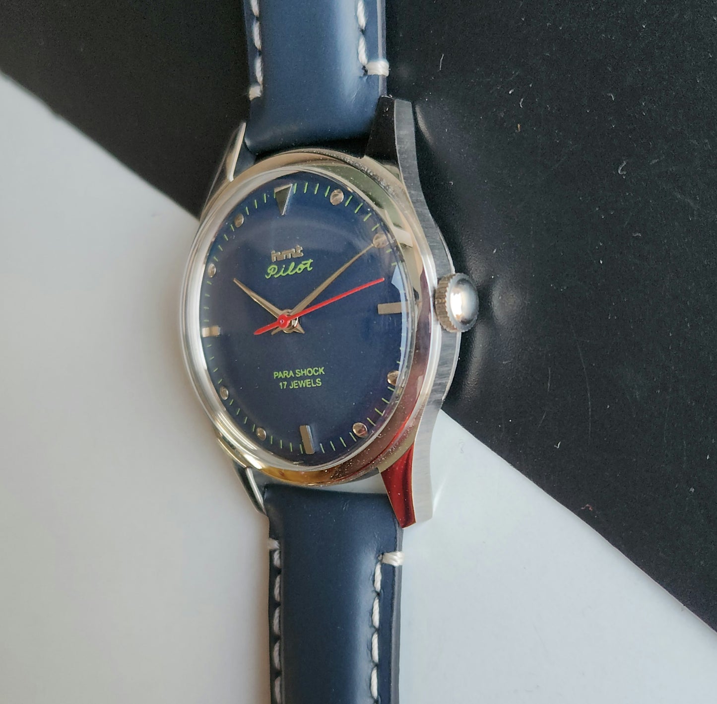 Vintage MOD HMT Pilot Hand Winding 17 Jewels Blue Face Blue Leather Strap Men's Wrist Watch J22