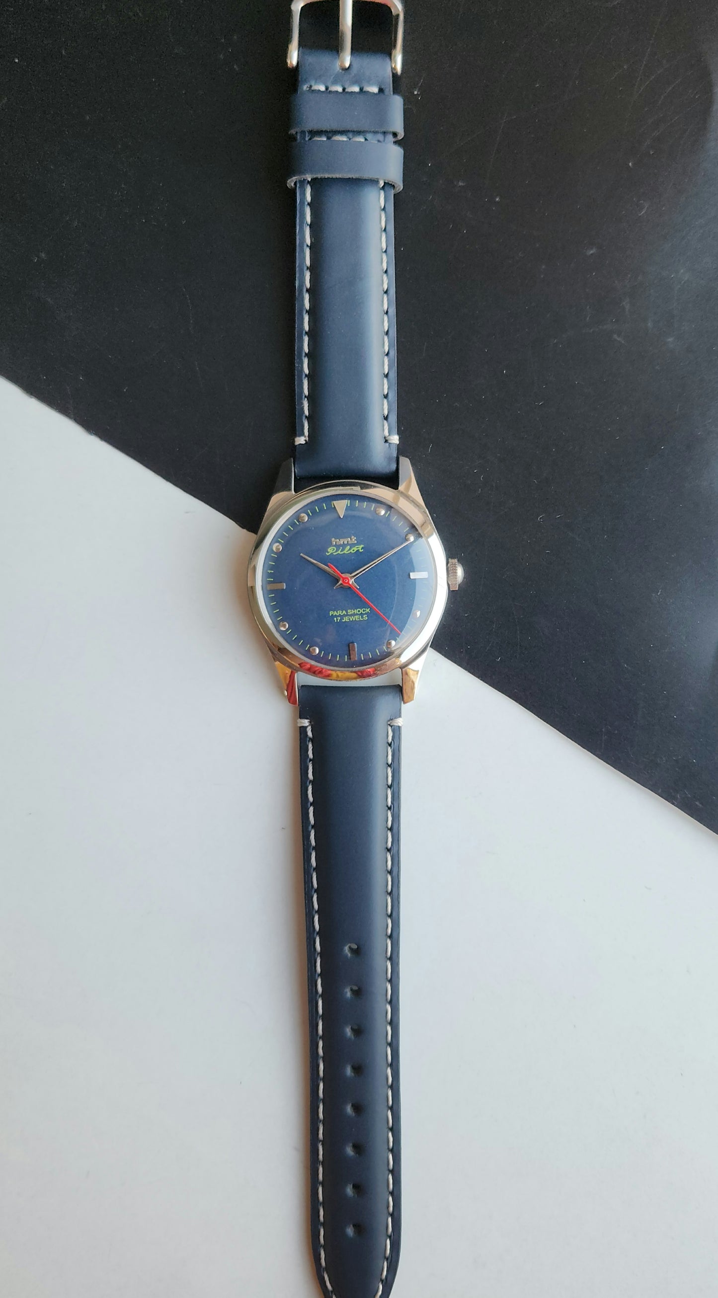 Vintage MOD HMT Pilot Hand Winding 17 Jewels Blue Face Blue Leather Strap Men's Wrist Watch J22