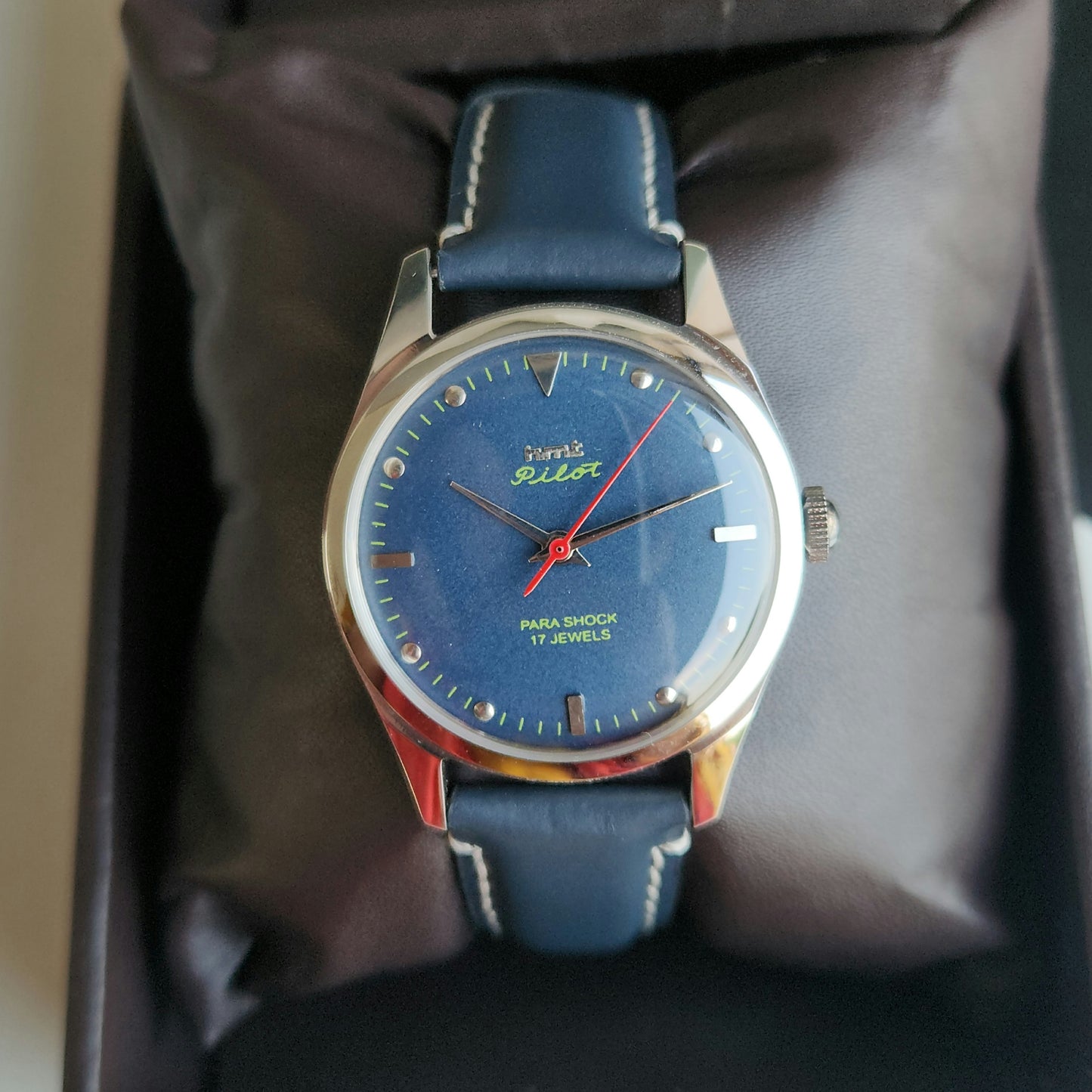 Vintage MOD HMT Pilot Hand Winding 17 Jewels Blue Face Blue Leather Strap Men's Wrist Watch J22