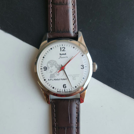 Vintage MOD HMT Janata A.P.J. Abdul Kalam Hand Winding 17 Jewels White Face Brown Leather Strap Men's Wrist Watch J23