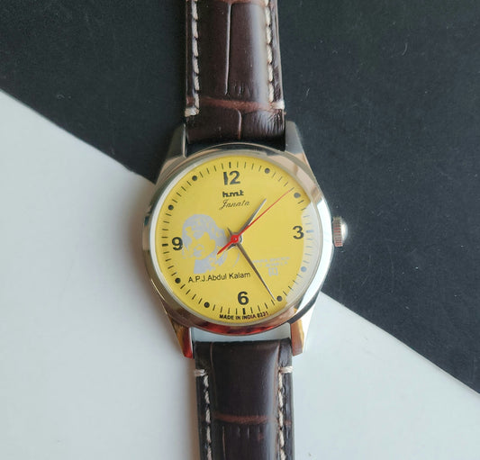 Vintage MOD HMT Janata A.P.J. Abdul Kalam Hand Winding 17 Jewels Yellow Face Brown Leather Strap Men's Wrist Watch J24