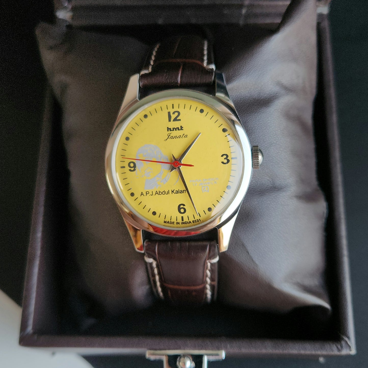 Vintage MOD HMT Janata A.P.J. Abdul Kalam Hand Winding 17 Jewels Yellow Face Brown Leather Strap Men's Wrist Watch J24