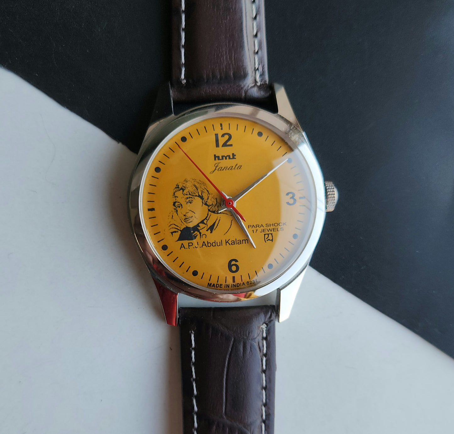 Vintage MOD HMT Janata A.P.J. Abdul Kalam Hand Winding 17 Jewels Orange Face Brown Leather Strap Men's Wrist Watch J25