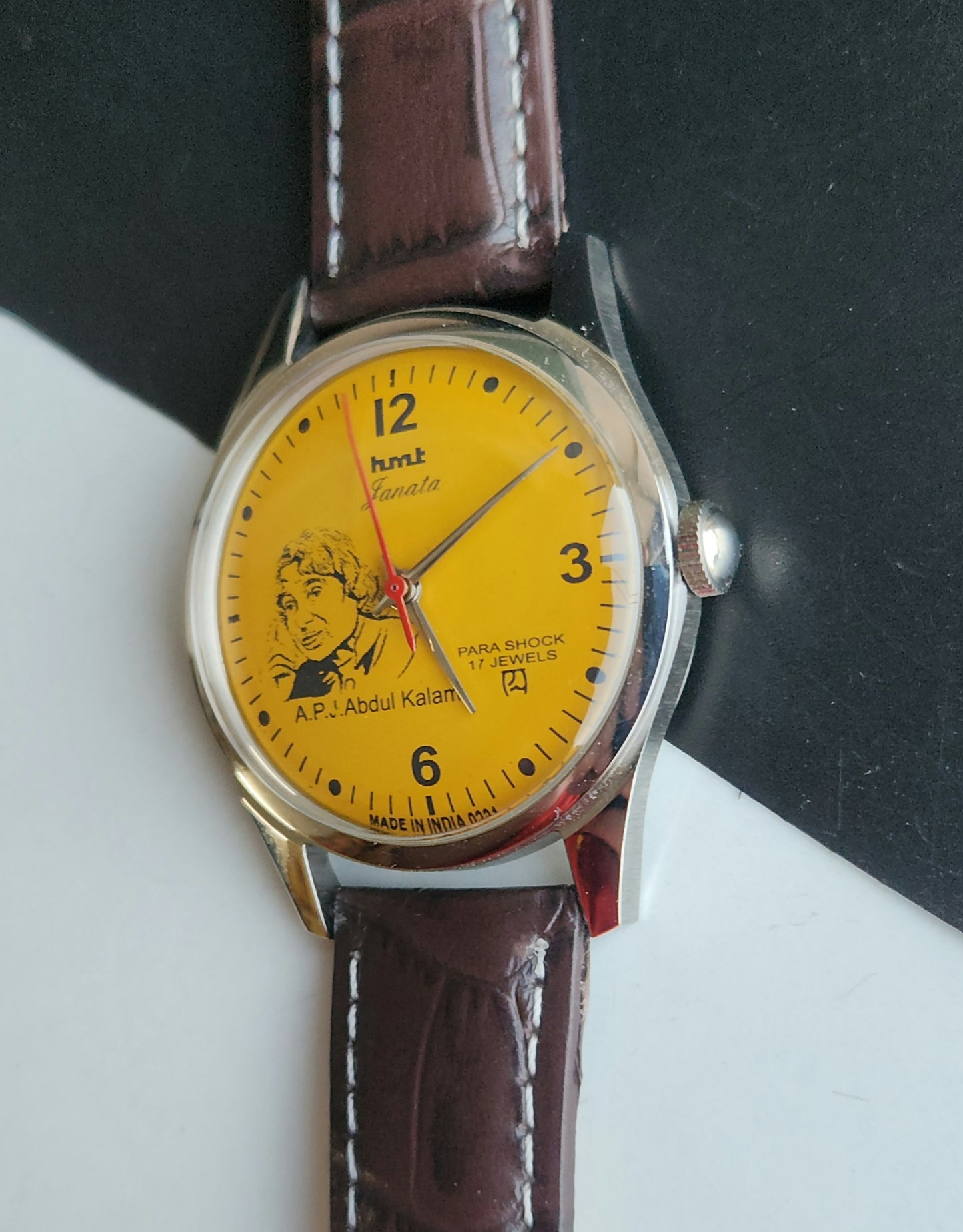 Vintage MOD HMT Janata A.P.J. Abdul Kalam Hand Winding 17 Jewels Orange Face Brown Leather Strap Men's Wrist Watch J25