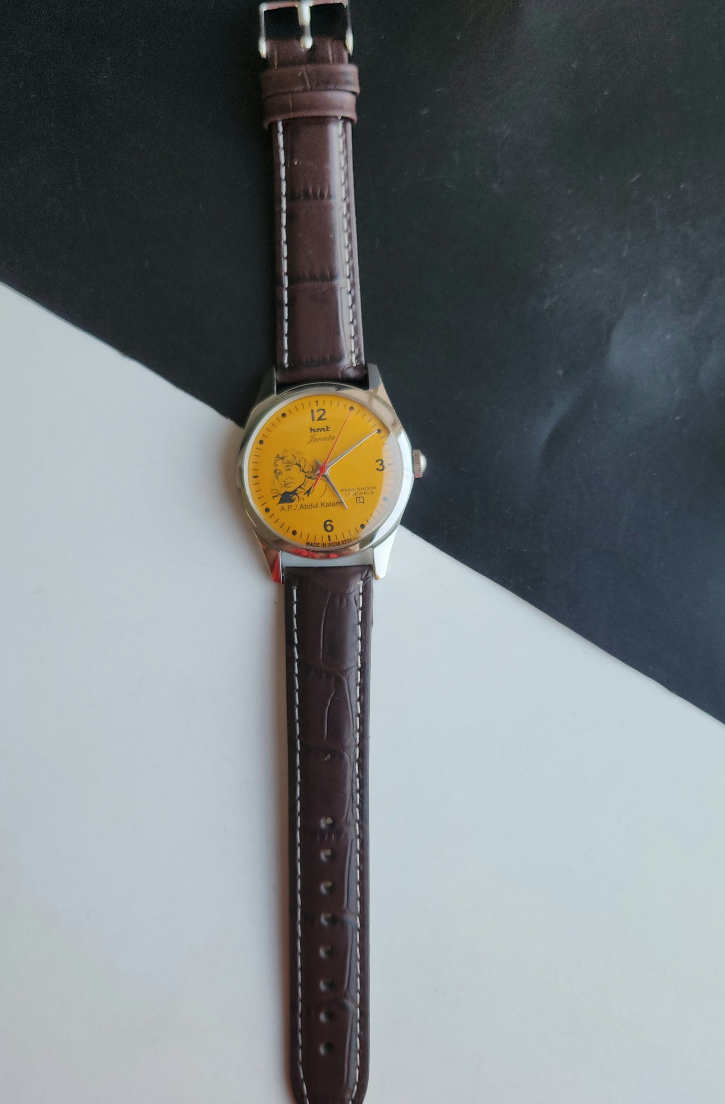 Vintage MOD HMT Janata A.P.J. Abdul Kalam Hand Winding 17 Jewels Orange Face Brown Leather Strap Men's Wrist Watch J25