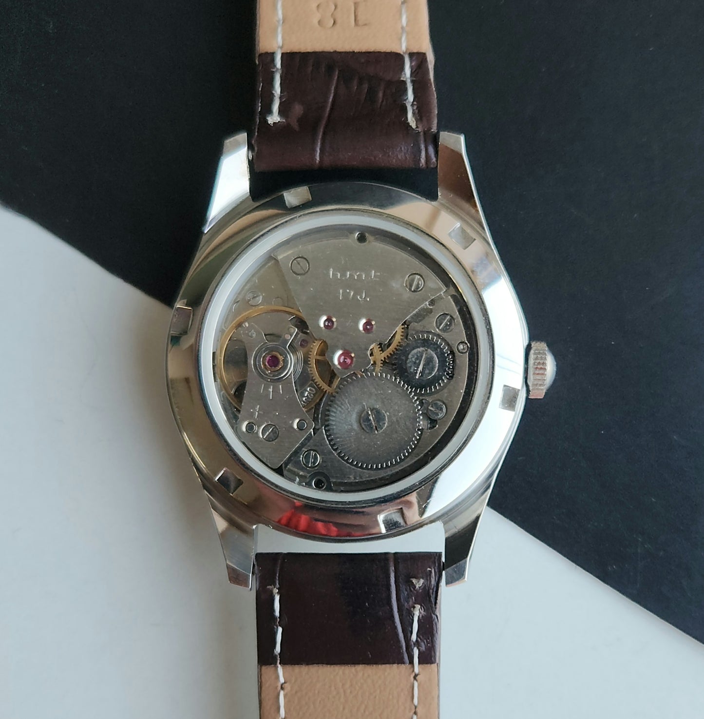 Vintage MOD HMT Janata A.P.J. Abdul Kalam Hand Winding 17 Jewels Orange Face Brown Leather Strap Men's Wrist Watch J25