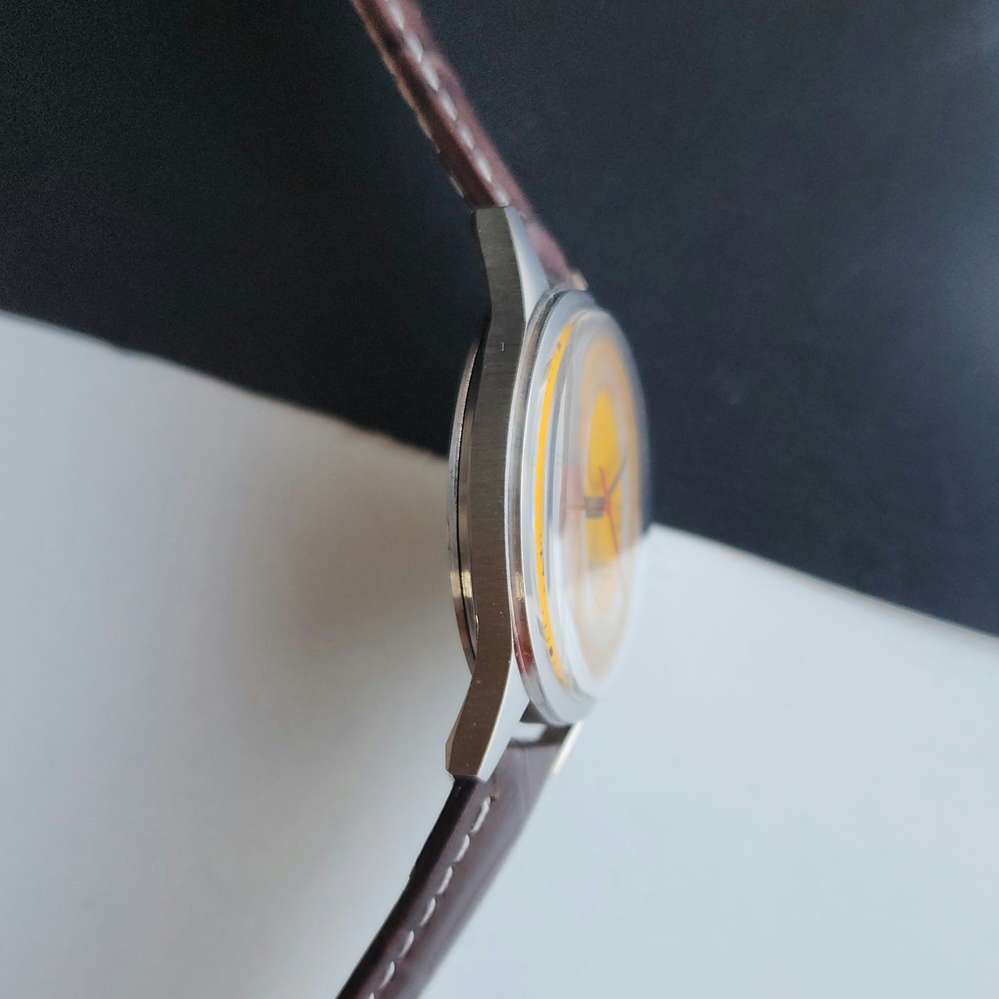 Vintage MOD HMT Janata A.P.J. Abdul Kalam Hand Winding 17 Jewels Orange Face Brown Leather Strap Men's Wrist Watch J25