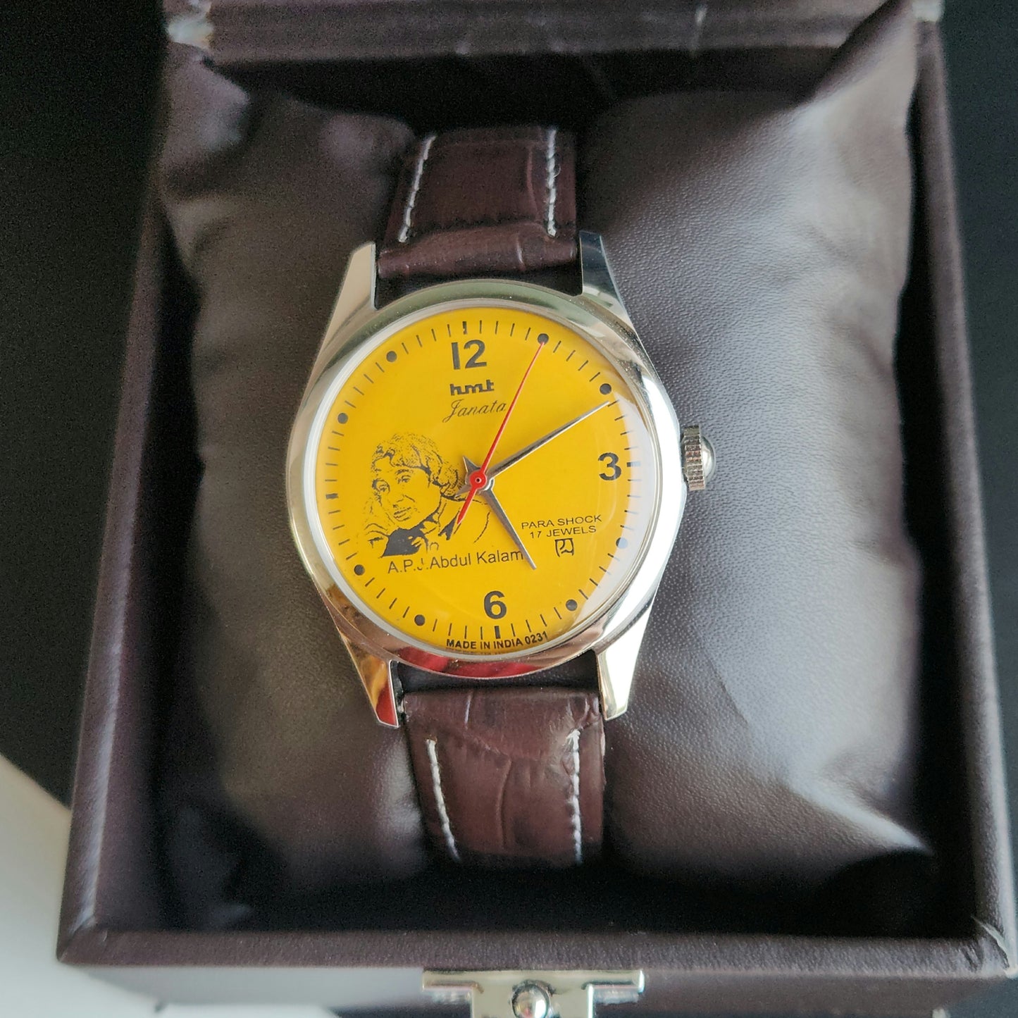 Vintage MOD HMT Janata A.P.J. Abdul Kalam Hand Winding 17 Jewels Orange Face Brown Leather Strap Men's Wrist Watch J25