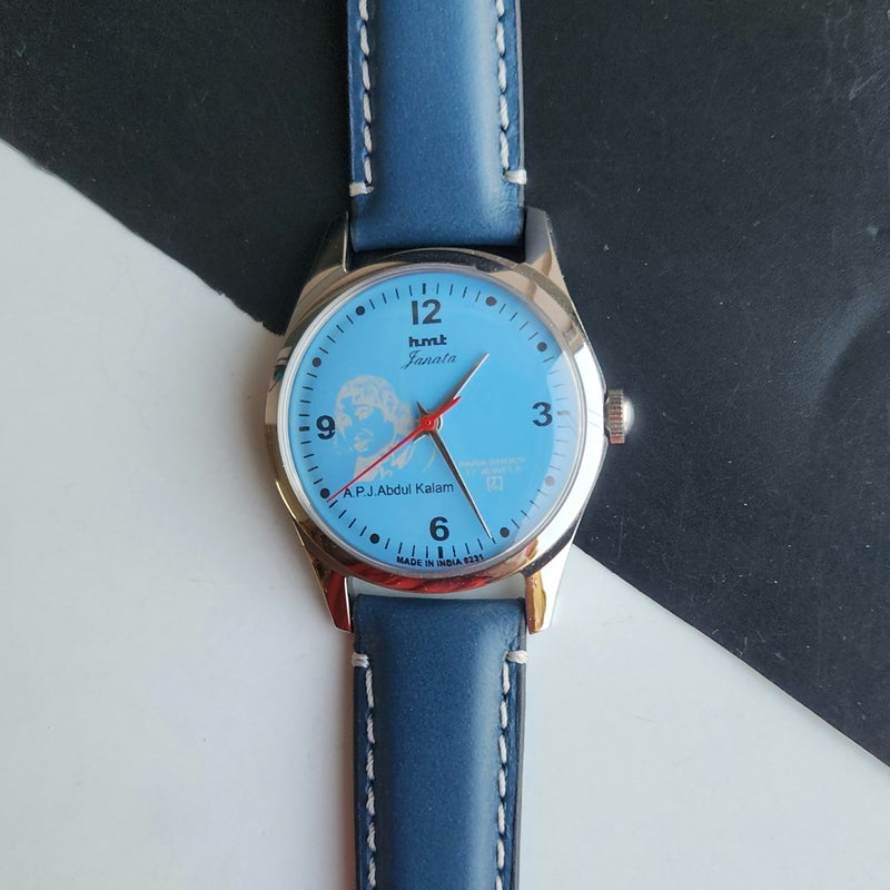 Vintage MOD HMT Janata A.P.J. Abdul Kalam Hand Winding 17 Jewels Blue Face Blue Leather Strap Men's Wrist Watch J26