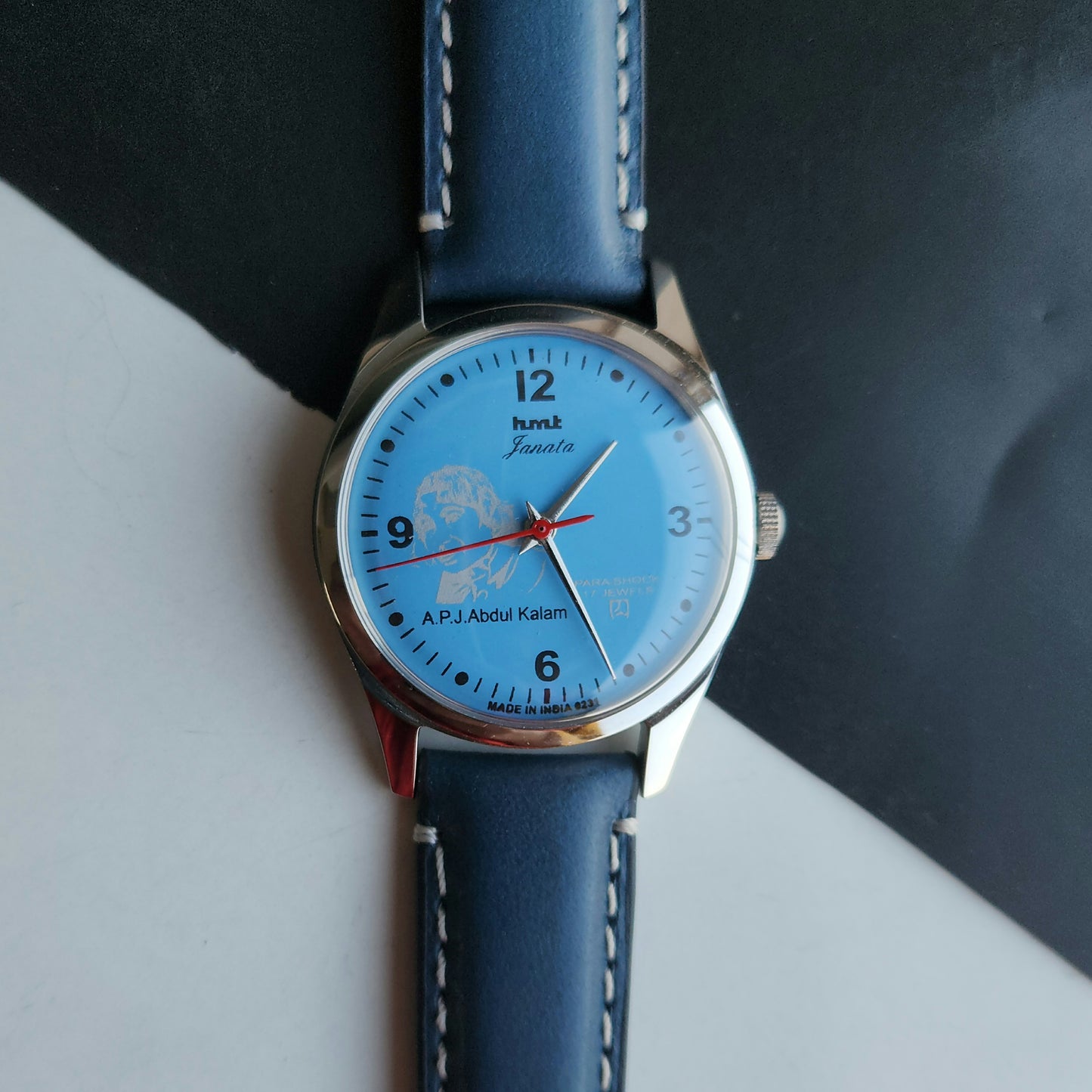 Vintage MOD HMT Janata A.P.J. Abdul Kalam Hand Winding 17 Jewels Blue Face Blue Leather Strap Men's Wrist Watch J26
