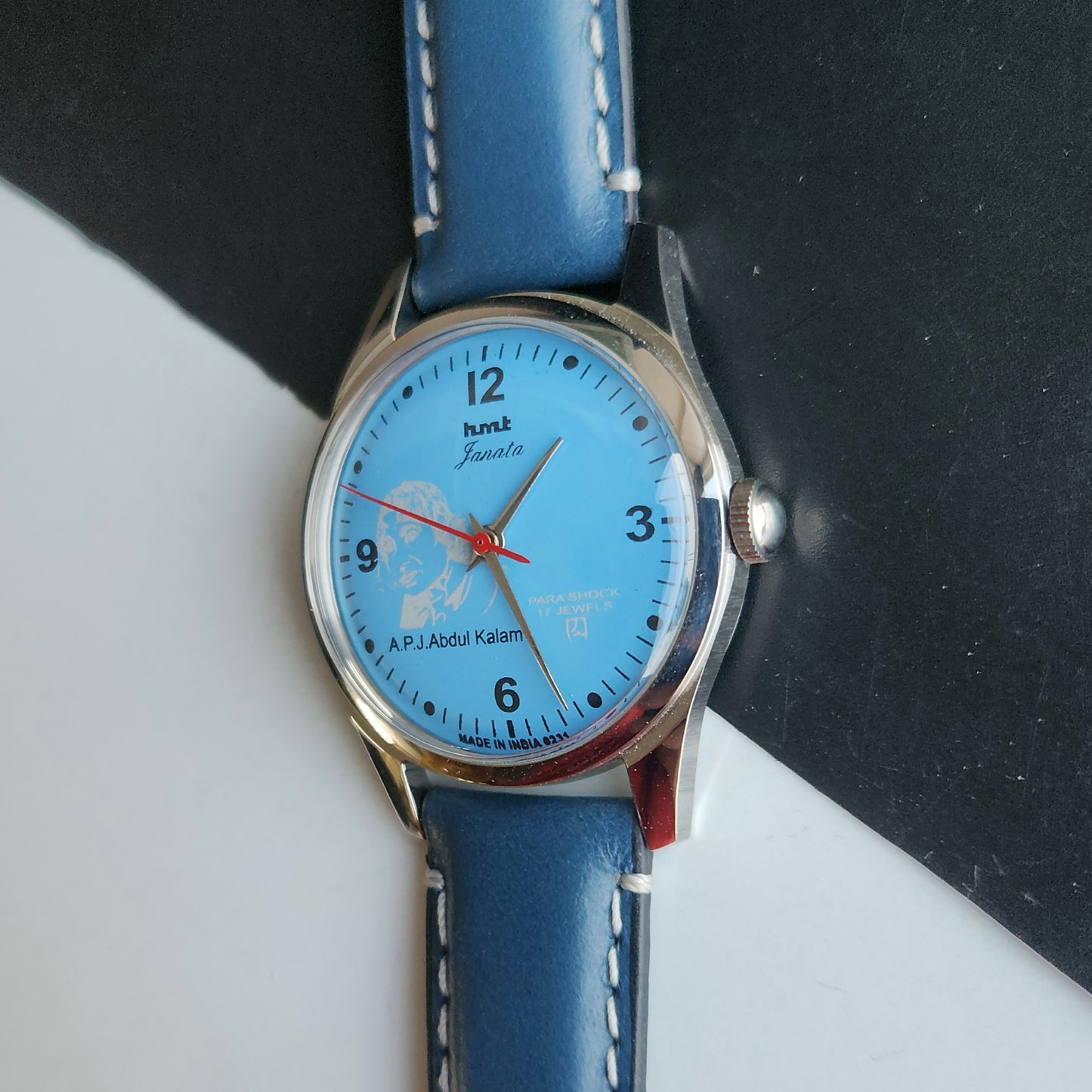 Vintage MOD HMT Janata A.P.J. Abdul Kalam Hand Winding 17 Jewels Blue Face Blue Leather Strap Men's Wrist Watch J26