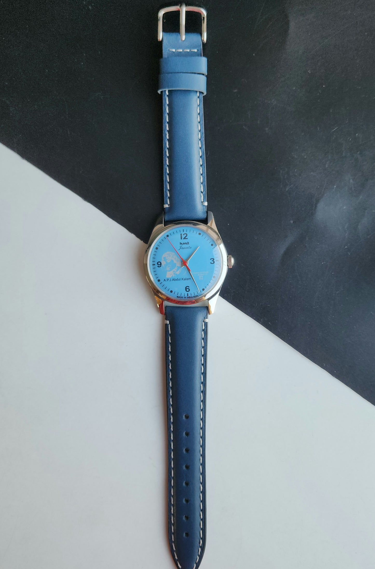 Vintage MOD HMT Janata A.P.J. Abdul Kalam Hand Winding 17 Jewels Blue Face Blue Leather Strap Men's Wrist Watch J26
