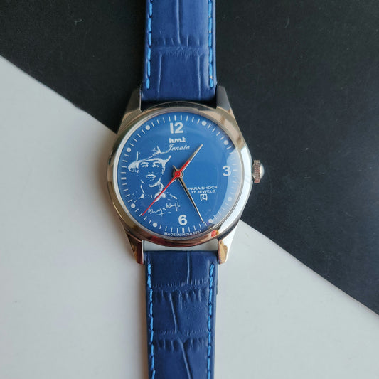 Vintage MOD HMT Janata Bhagat Singh Hand Winding 17 Jewels Blue Face Blue Leather Strap Men's Wrist Watch J27