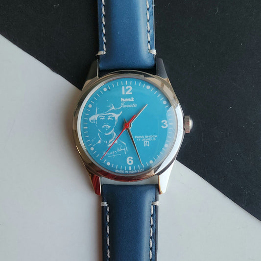Vintage MOD HMT Janata Bhagat Singh Hand Winding 17 Jewels Blue Face Blue Leather Strap Men's Wrist Watch J28