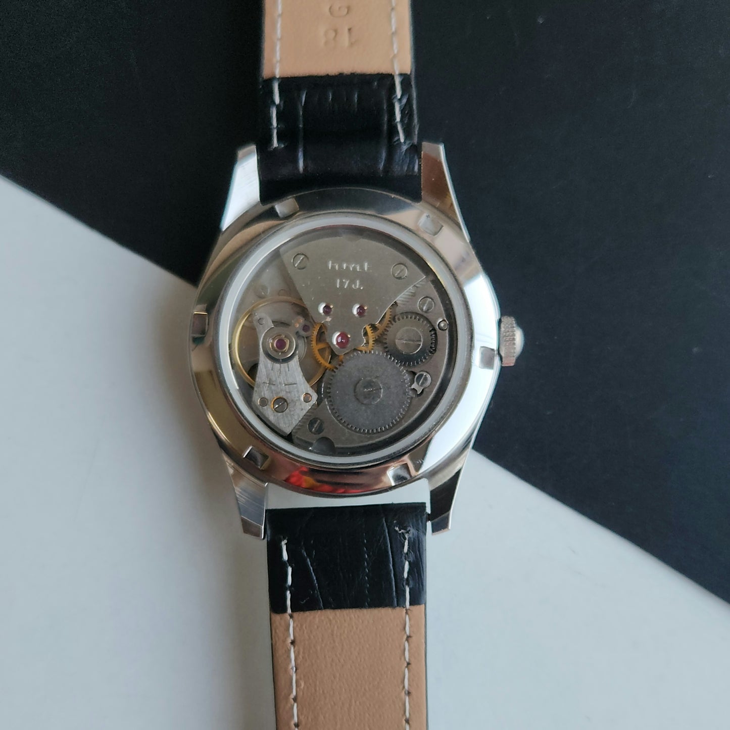 Vintage MOD HMT Janata Bhagat Singh Hand Winding 17 Jewels Black Face black Leather Strap Men's Wrist Watch J29