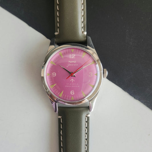 Vintage HMT Jawan Hand Winding 17 Jewels Purple Face Green Leather Strap Men's Wrist Watch J38