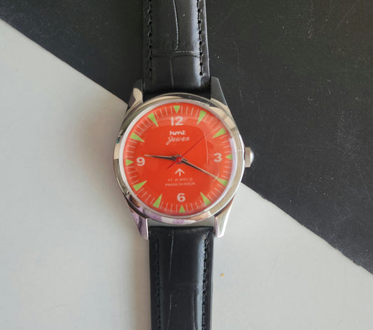 Vintage HMT Jawan Hand Winding 17 Jewels Orange Face Black Leather Strap Men's Wrist Watch J39