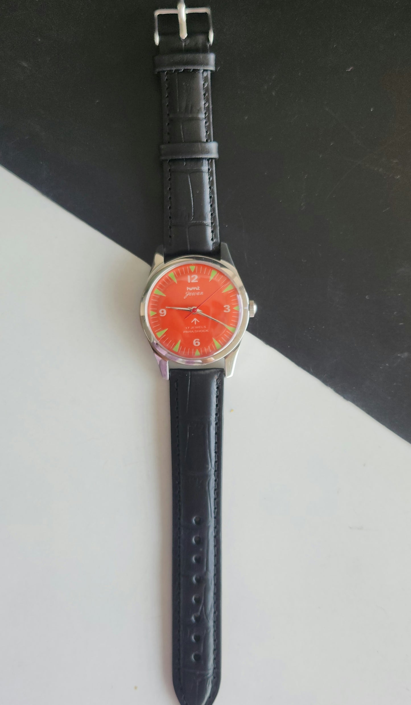 Vintage HMT Jawan Hand Winding 17 Jewels Orange Face Black Leather Strap Men's Wrist Watch J39