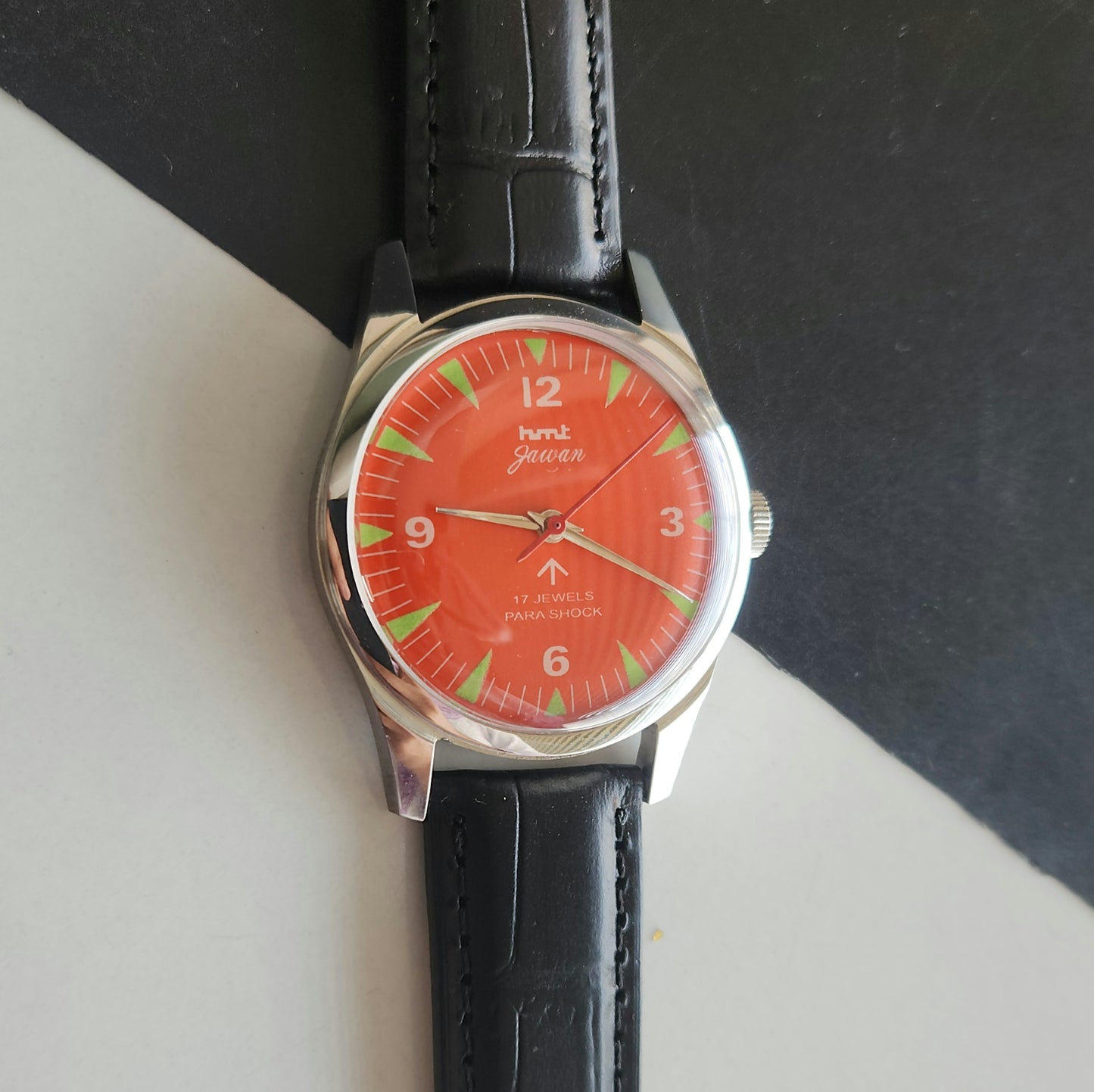 Vintage HMT Jawan Hand Winding 17 Jewels Orange Face Black Leather Strap Men's Wrist Watch J39