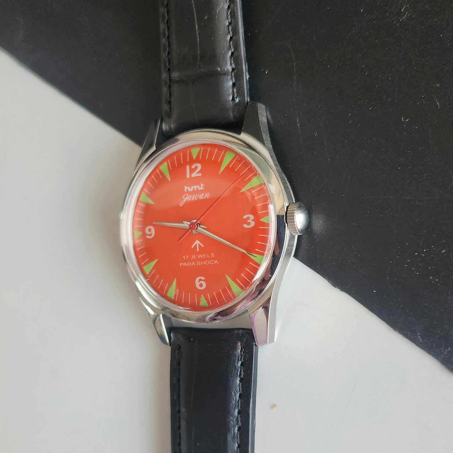 Vintage HMT Jawan Hand Winding 17 Jewels Orange Face Black Leather Strap Men's Wrist Watch J39