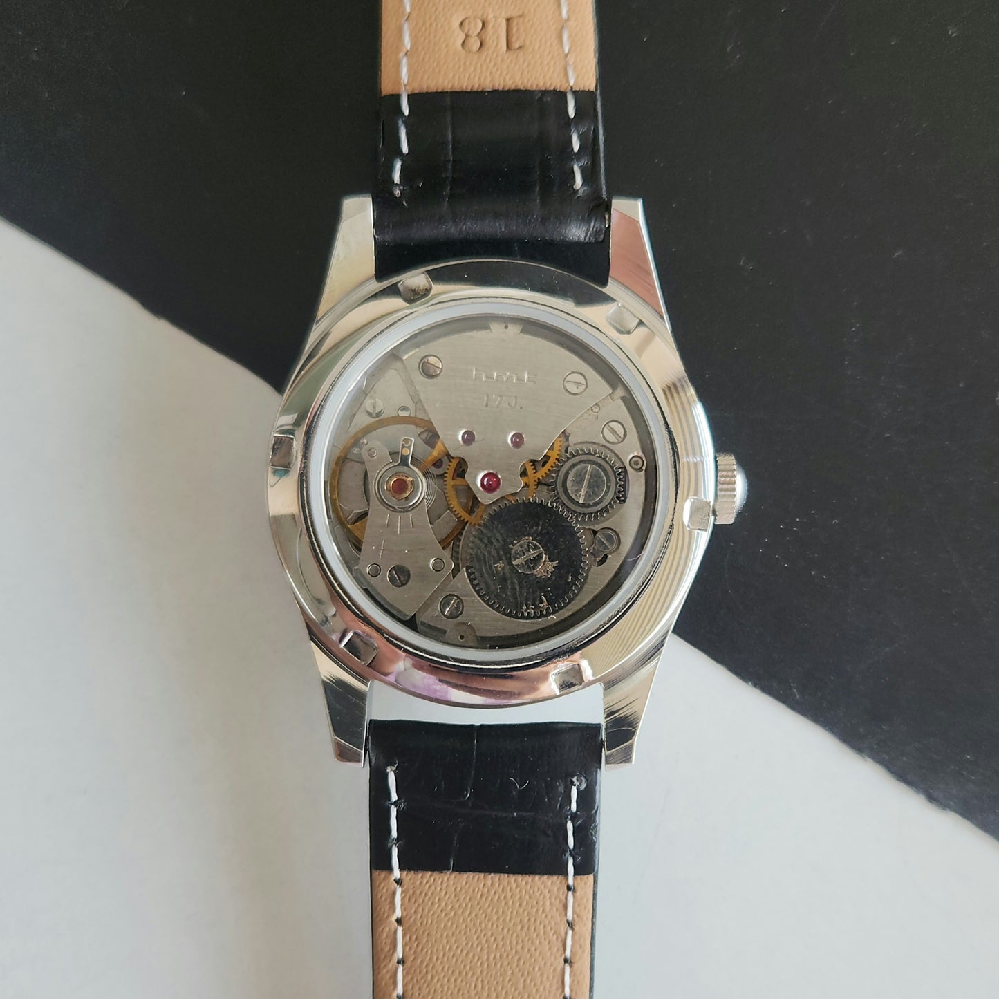 Vintage HMT Jawan Hand Winding 17 Jewels Orange Face Black Leather Strap Men's Wrist Watch J39