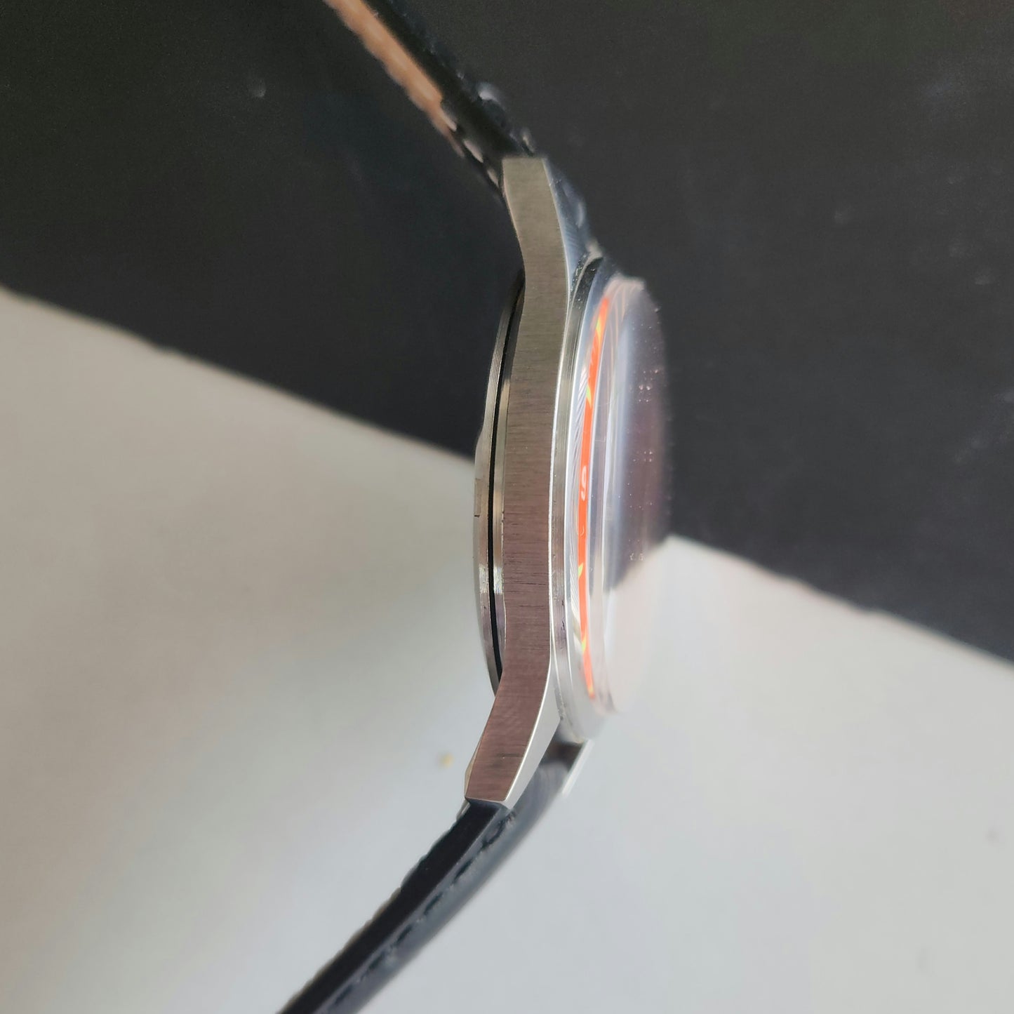 Vintage HMT Jawan Hand Winding 17 Jewels Orange Face Black Leather Strap Men's Wrist Watch J39
