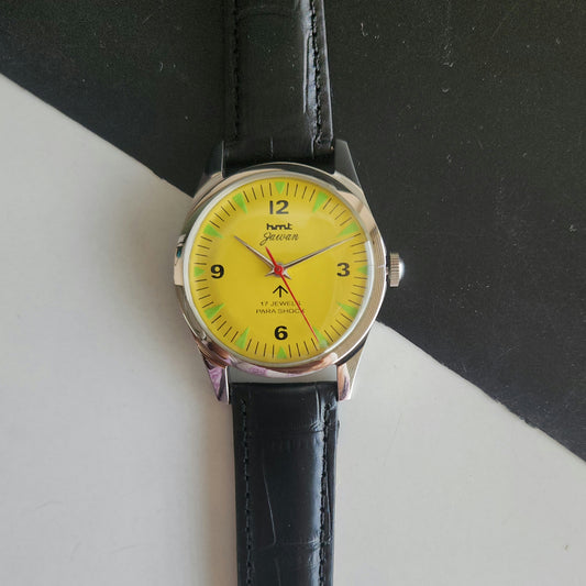 Vintage HMT Jawan Hand Winding 17 Jewels Yellow Face Black Leather Strap Men's Wrist Watch J40